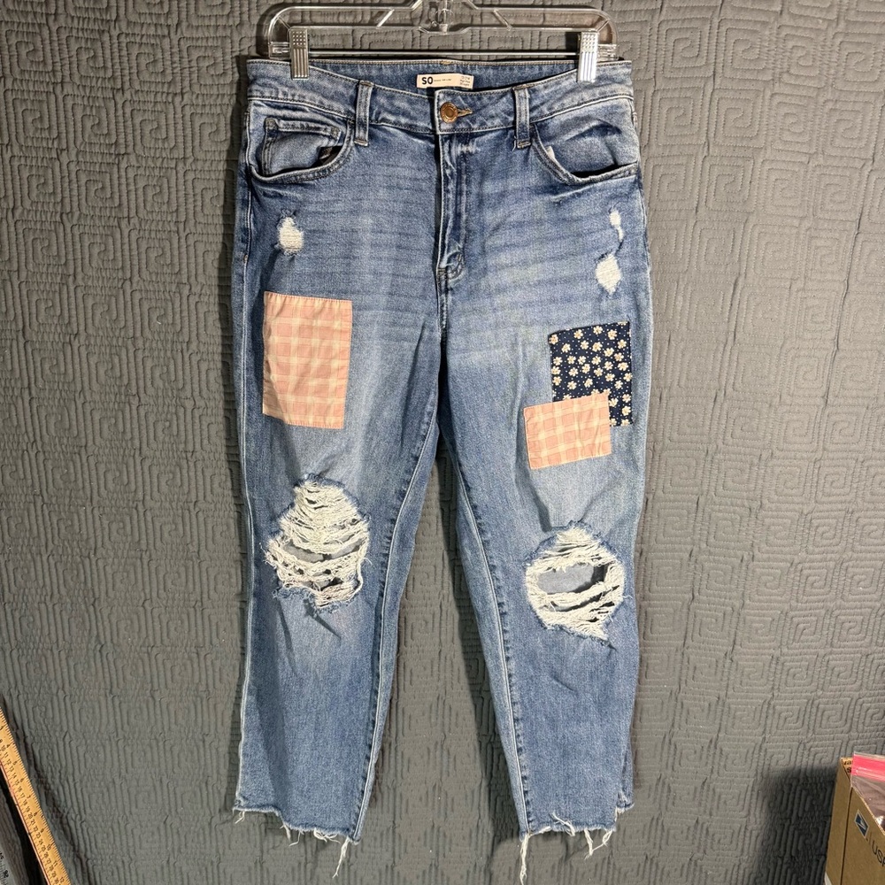 SO Goods For Life Jeans Women 13/31w Blue High Rise Curvy Straight Patch Distres